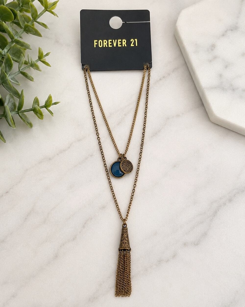 Forever 21 Antique Gold Layered Charm Tassel Necklace